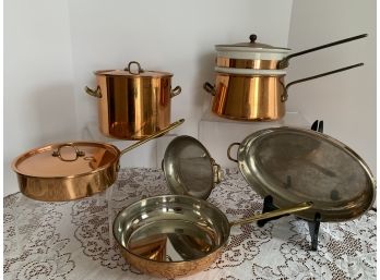 Lot Of 6 Copper Pots And Pans- Double Boiler, Small Stock Pot, 2 Skillets, 1 Double Handled Pan, 1 Au Gratin