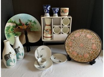 15 Pc. Japanese Items Sake Set, Additional Pieces , Plate & Paper Fan (china) (see Description)