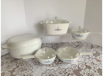 Casserole Lot: Arcoflam France Large Oval Covered, Corningware Trefoil 2-1/2 Qt, 3 Cornflower Pots With Handle