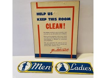 Vintage Wood Rest Room Sign And 2 Metal Men - Ladies Room Plaques