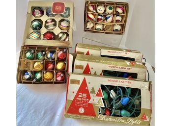 Vintage Christmas Lot - 3 Boxes  Of Glass Ornaments & 3 Boxes Of Working Sears Indoor Lights