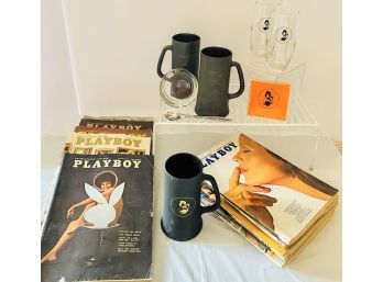 Vintage PLAYBOY Lot - 1970 Era 12 Mags, 2 Ashtrays, 3 Tankards, 2 Drinking Glasses, 1 Stainless Steel Spoon