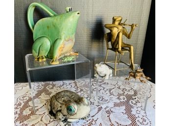 Frog Lot- Vtg Ceramic Frog Pitcher, Brass (sprayed?) Violin Frog, 3 Stone Frogs, Brass Salamander