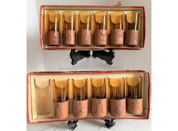 Vintage Eleven 4' Amber Shot Glasses With Branded Leather Holders In Original Boxes