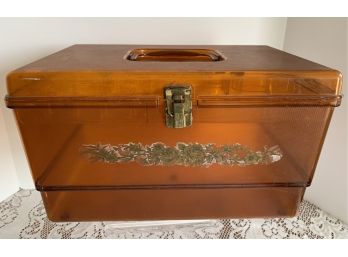 Vtg Amber Plastic Sewing Case W/ Decal, 1 Tray Plus Brass & Other Buttons- See Pics