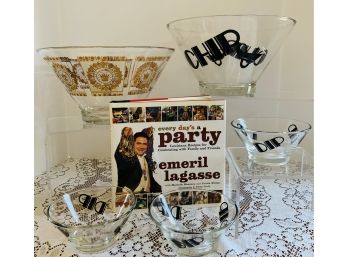 SIGNED Emeril Lagasse Cookbook, Chip Dip Bowl W/3 Serving Bowls, 1 Georges Briard Style Bowl