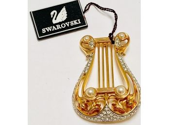 NOS With Tags Vintage SWAROVSKI Lyre-Harp Pin Gold Plated 4 Faux Pearls Pave Crystals Substantial Brooch