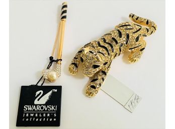 Two Large Pins -brooches With Tags: Swarovski  Golf Club  &  Sardi Crystal & Enamel Tiger Jaguar