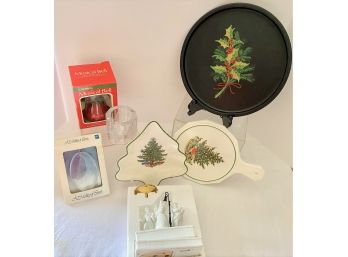 Misc. Christmas Item Lot - 2 NIB Ornaments, Cuthbertson Plate, Pfaltzgraf Trivet, Nashco Vintage Metal Tray