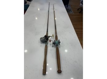 Lot Of 2 Fishing Rods With Reels- Montague Bamboo, Other, Wooden Handles (see Description)