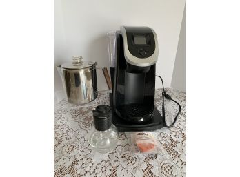 Sonnex 6 Cup Stainless Wood Handle Coffee Pot, Keurig 2.0 (tested) On Sliding Tray, Jeanette Glass Co. Carafe