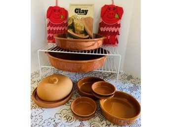 Terracotta Clay Lot- 2 Paella Pans, 4 Bowls, Garlic Roaster, Clay Cookery Book, 2 New Potholders