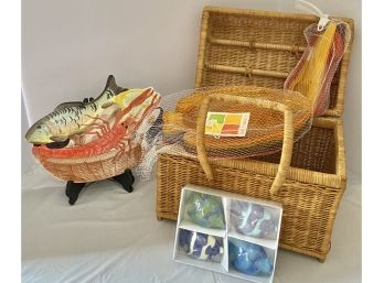 Made In Italy Ceramic Trivet, Sun Country NIP Plastic Fish Dishes - Utensils In Carrying Basket, Fish Candles