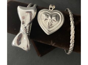 Lot Of 3 Vintage 925 Sterling Silver Mexico - Bangle And Cuff Bracelet, Heart Pendant ( Read Description)