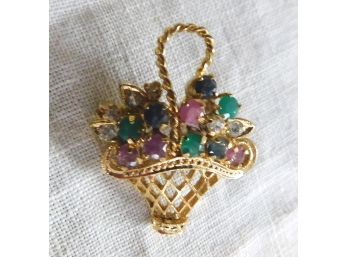 Small Vintage Basket Of Gemstones Pin, Could Be Worn As A Pendant
