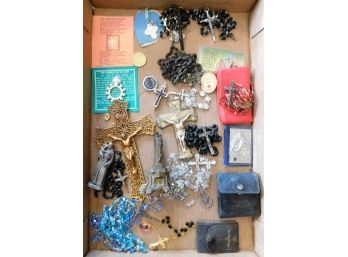 Box Of Religious Items, Rosaries Etc