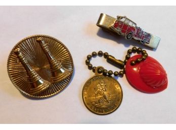 Firefighter's Jewely, Tie Clip Fire Truck, Hat Medallion And St Christopher Medal With Fireman's Hat Key Chain