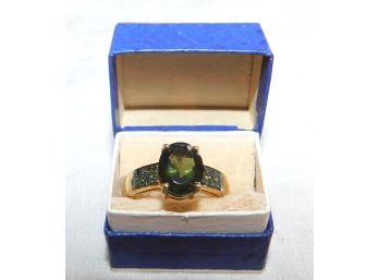 Magnificent Gold Wash On Sterling Ring With Green Center Stone, Thailand