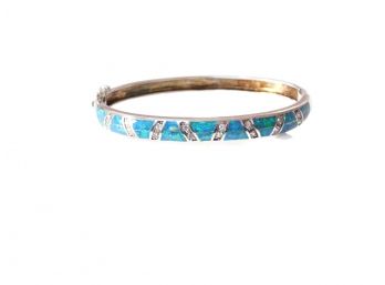 Sterling Silver Opal And Clear CZ Hinged Bangle Bracelet