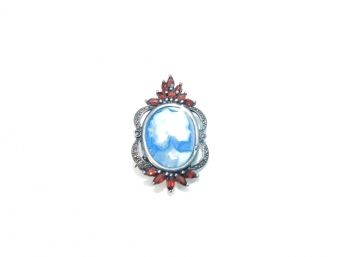 Vintage Sterling Silver Blue Cameo Marcasite Garnet Brooch Pin Pendant