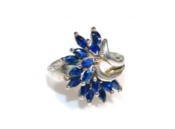 Vintage Sterling Silver Fan Spray Of Blue Sapphires Ring