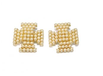 Ann Taylor Large Pearl Cross Costume Earrings