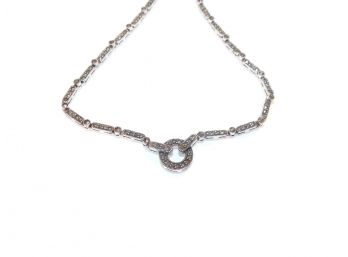 Sterling Silver Marcasite Link Chain Round Pendant Necklace.