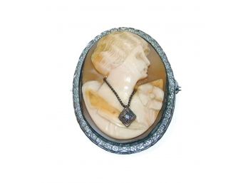 Sterling Silver Cameo Lady With Diamond Necklace