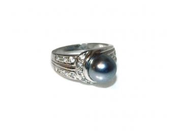 Sterling Silver CZ And Gray Pearl Ring