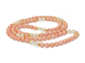 Natural Pink Thulite Polished Bead Pearl Necklace