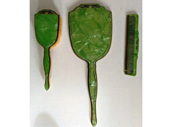 Green Bakelite Vanity Set - Brush, Comb, Mirror