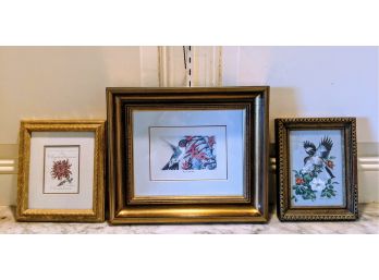3 Small Vintage Framed Pictures Of Birds And Flowers  A Signed Watercolor, And Two Fine Prints