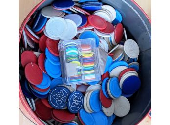 Treasure Trove Of Poker Chips In Antique Red Tin