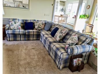 Sectional Sofa In Blue Checker With Vintage Floral Pillows