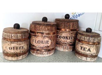 Antique Wood Knob Copper And Ceramic Barrel Counter Jars