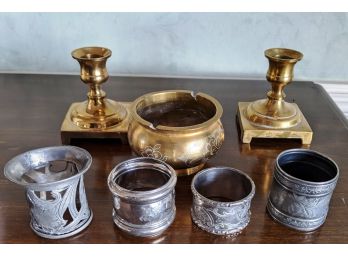 Antique Silver Plate Napkin Rings And Brass Candle Holders And Small Bowl