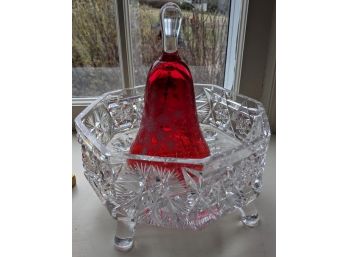Crystal Footed Bowl And Red Glass Snowflake Bell