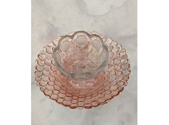 Iridescent Carnival Pink Bowl And Depression Glass Compote