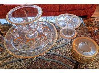 Elegant Vintage Gold Rimmed Punch Bowl Platter , Dessert Plates, Five Dish Condiment Serving Piece, Candy Dish