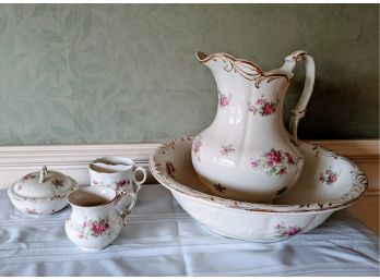 Antique Semi Porcelain  Wash Basin, Pitcher, Cups And Sugar Bowl With Lid- Anchor Pottery Trenton, New Jersey