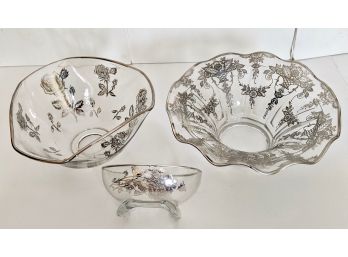 3 Antique Glass Crystal Bowls With Silver Overlay