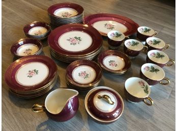 1952-53 Homer Laughlin Maroon Lady Stratford China Set.7 Place Settings PLUS Sugar &Creamer, Platter 46-Piece