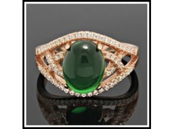 925 Sterling Silver, 2.20ctw White Sapphire & Cabochon Emerald Ring Size 6