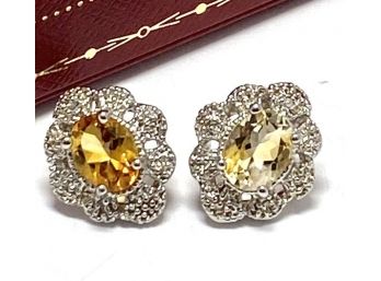 .925 Sterling Silver Earrings With 0.02ctw Genuine Diamond & 3.00ctw Citrine