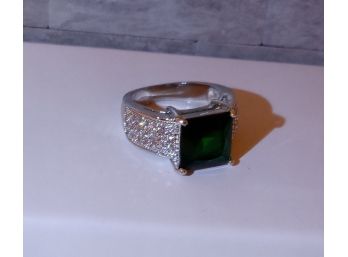 Fashion Emerald & CZ Cocktail Ring With White Gold Overlay Size 6