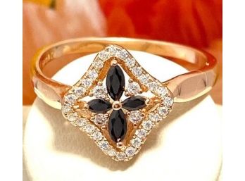 Sterling Silver W/ Rose Gold Overlay Black & White Sapphire Ring Size 8