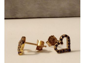 Stunning .925 Sterling Silver Heart Shaped Sapphire Earrings With Yellow Gold Overlay