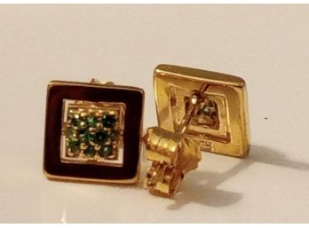 .925 Sterling Silver With Gold Overlay Square Shaped Emerald Earrings