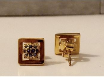 .925 Sterling Silver With Gold Overlay Square Shaped Sapphire Earrings