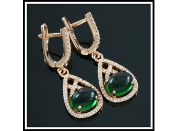 925 Sterling Silver, White Sapphire & Cabochon Emerald Earrings